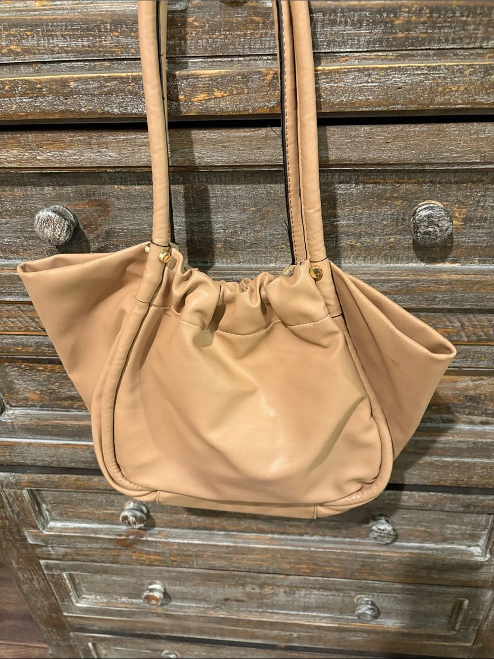 Neutral Tan Drawstring Shoulder Tote with Tassel Accent